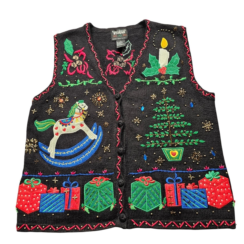 Designers Originals Studio Christmas Vest Womens Small Black Holiday Beaded Vtg